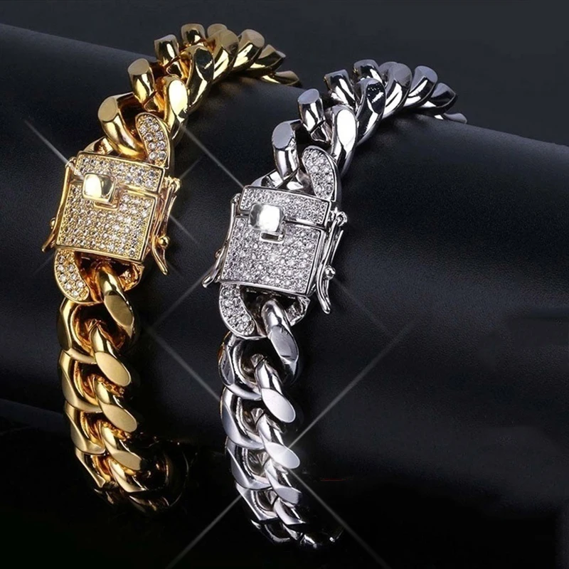 Хип хоп Iced Out Снаряженная кубинская золотая для мужчин Серебряная цепочка