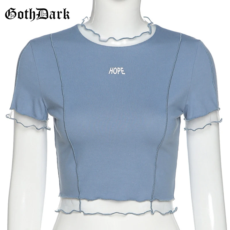 

Goth Dark Gothic Hope T-shirts Black Or Blue Ruffles Hem O-neck Bodycon Casaul Women Summer Wear Letter Print Front Crop Tops