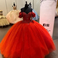 princess red beaded quinceanera dresses 2022 for 15 year girl tulle off the shoulder corset maequerade party dress debut gowns