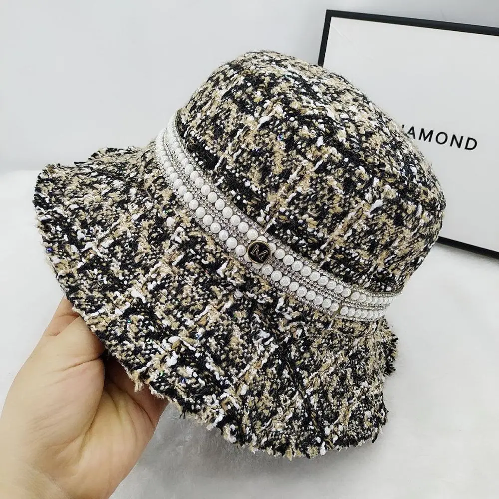 

Brand Fashion fisherman hat Women Plaid Tweed Bucket Hat with Mini Sequins Ladies Black Checks Hats with Raw Edges Female Hats