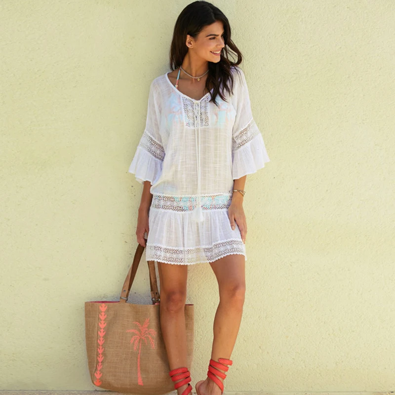 Пляжное платье размера плюс накидка 2019 купальник бикини белое кружево купальный