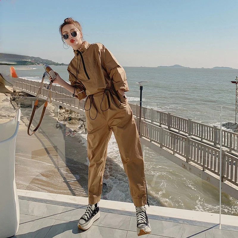 

Women 2021 Spring Autumn Stand Collar Jumpsuit Female Long Sleeve Loose Playsuit Overalls New Ladies Fashion Pocket Rompers G06