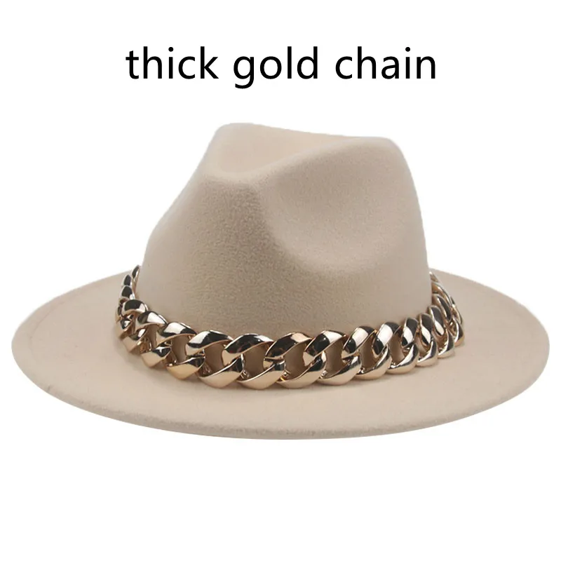 

womens's hat wide brim Thick gold chain band black beige hats for men panama cowboy cowgirl luxury fedora hats sombrero hombre