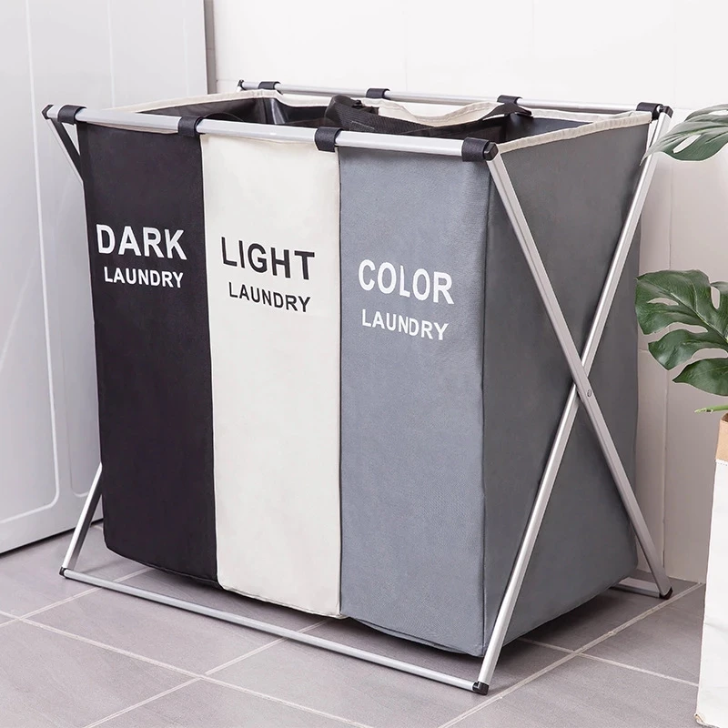 

Dirty Clothes Storage Basket Three Grid Organizer Basket Collapsible Large Laundry Hamper Waterproof Home Laundry Basket Bag