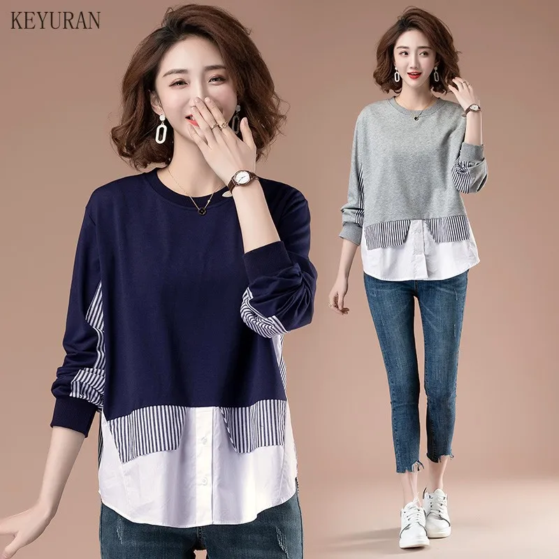 

Размера плюс 2021 весна-осень, комплект одежды в полоску, с капюшоном и шить Кружевная блуза женский корейский Стиль толстовки свободного пок...