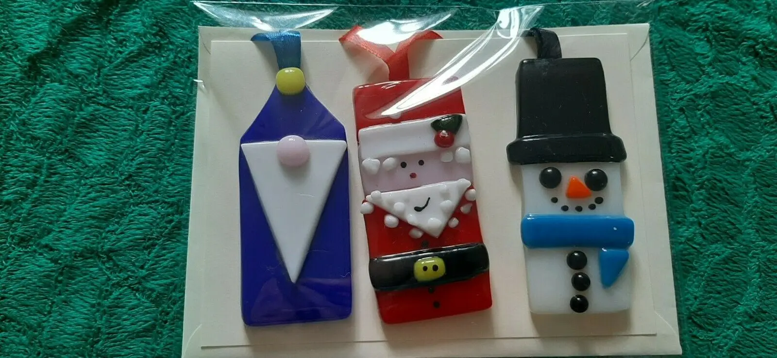 

Handmade Fused Glass Christmas Decorations including: gonk, Santa, snowman