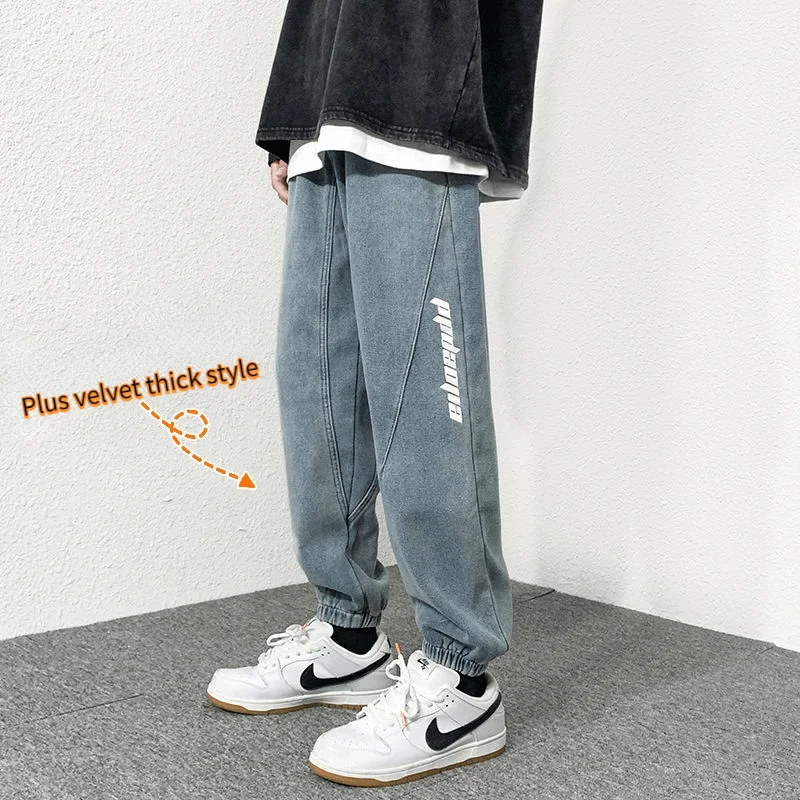 Фото Джинсы мужские в стиле хип-хоп штаны с флисом и надписью модная одежда Корейском |
