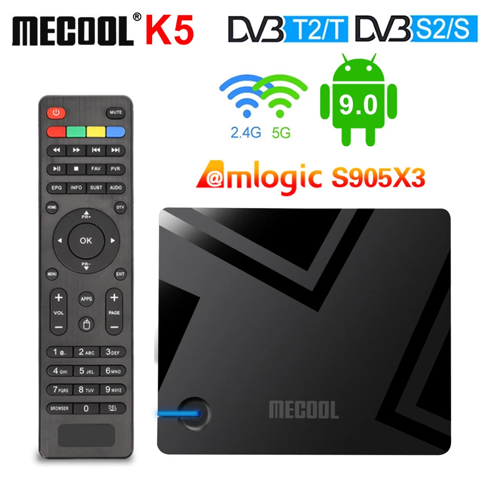 Смарт ТВ приставка Mecool K5 Android 9 0 DVB T2/S2 Amlogic S905X3 Quad Core 2 Гб 16 4K 60fps 4G 5G 2T2R Dual WIFI