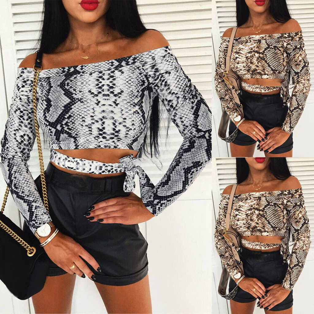Женская блузка со змеиным принтом с открытыми плечами|Блузки| |