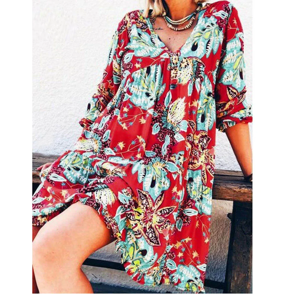 Женское платье свободного покроя с v-образным вырезом длинным рукавом и