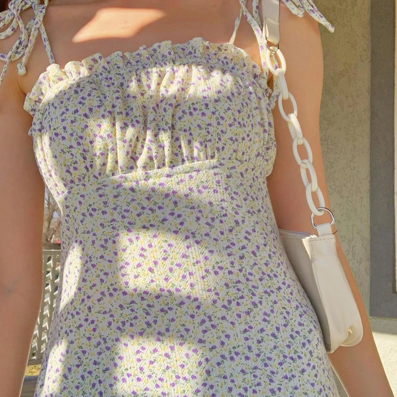 

Chic Floral Print Dress Women Summer 2021 Vintage Dress Short Bandage Spaghetti Strap Sundress Beach Mini Casual Cute