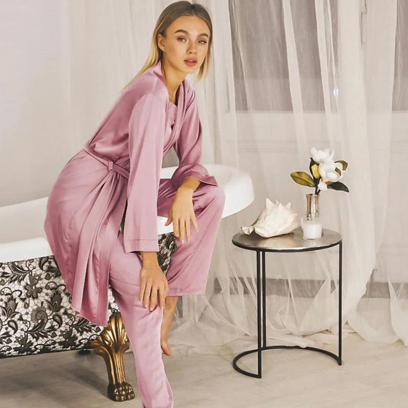 

Satin 2021 Simple Robe Sets Winter 3 Piece Set Silk Sleepwear Women Pajamas With Pants Sashes Long Sleeve Suit Sets Home Wear