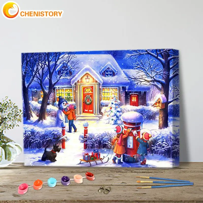 

CHENISTORY Coloring By Numbers Winter Houses Landscape Paint Canvas Picture Oil Painting Christmas Handpainted Home Decoration