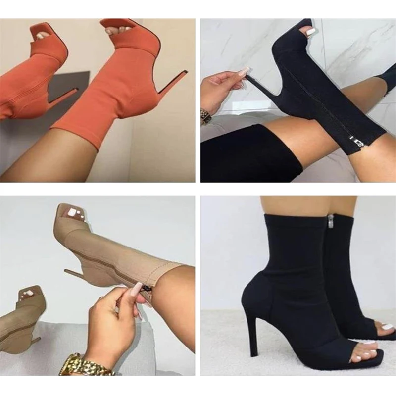 

Women Thin High Heel Ankel Boots Summer New Fashion Sexy Open Toe Ladies High Heel Shoes Side Zippe Suede Sandals Booties Female