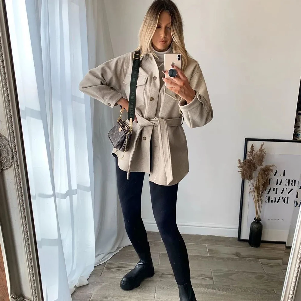 

New Fall Winter Women Jacket Long Sleeves Belted Warm Thicken Casual Fashion High Street Za Women Coat Outfits Tops