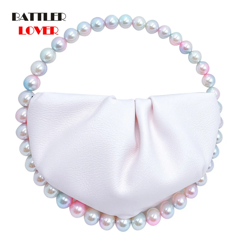 

Colour Pearls Circular Fold Handbag For Women 2021 New Elegant Designer Half Moon Round Handle Dinner Clutch Purse Wedding Party