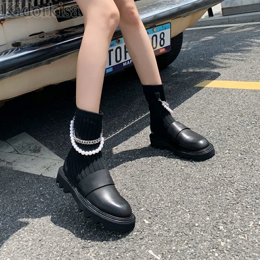 

Black Boots with Chains Woman Motorcycle Boots Genuine Leather Ankle Botas With String Bead Luxury Shoes Customized