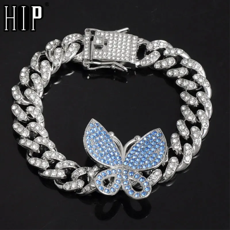 

Hip Hop Iced Out Paved Rhinestones 12MM Gold Full Miami Curb Cuban With Butterfly Bling Rapper Bracelets For Men Jewelry