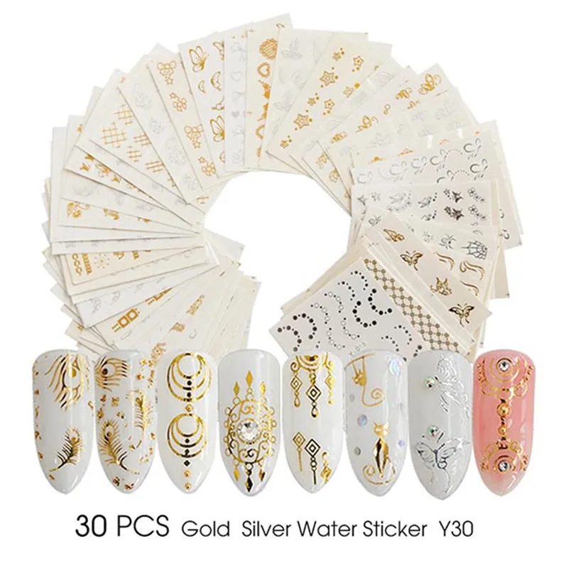 30 шт. Золотой Серебряный ноготь стикер для воды перо цветок Паук Дизайн Наклейка