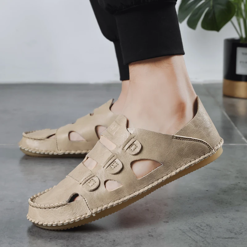 Summer Men Casual Sandals Beach Classic fashion genuine Leather Slip on Male Flat Sandals Black Men Summer Sandals big size 48