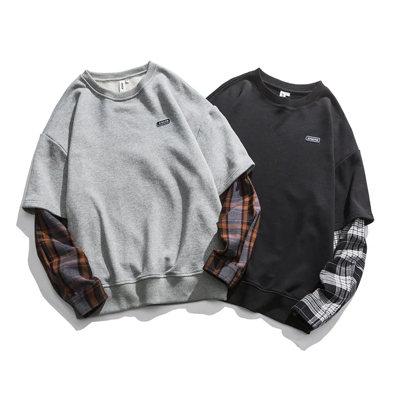 

NotValuable Autumn Fake Two-Piece round Neck Sweatshir Men's Cool Popular Brand Printed Loose Stitching Long-Sleeve Pullover Men