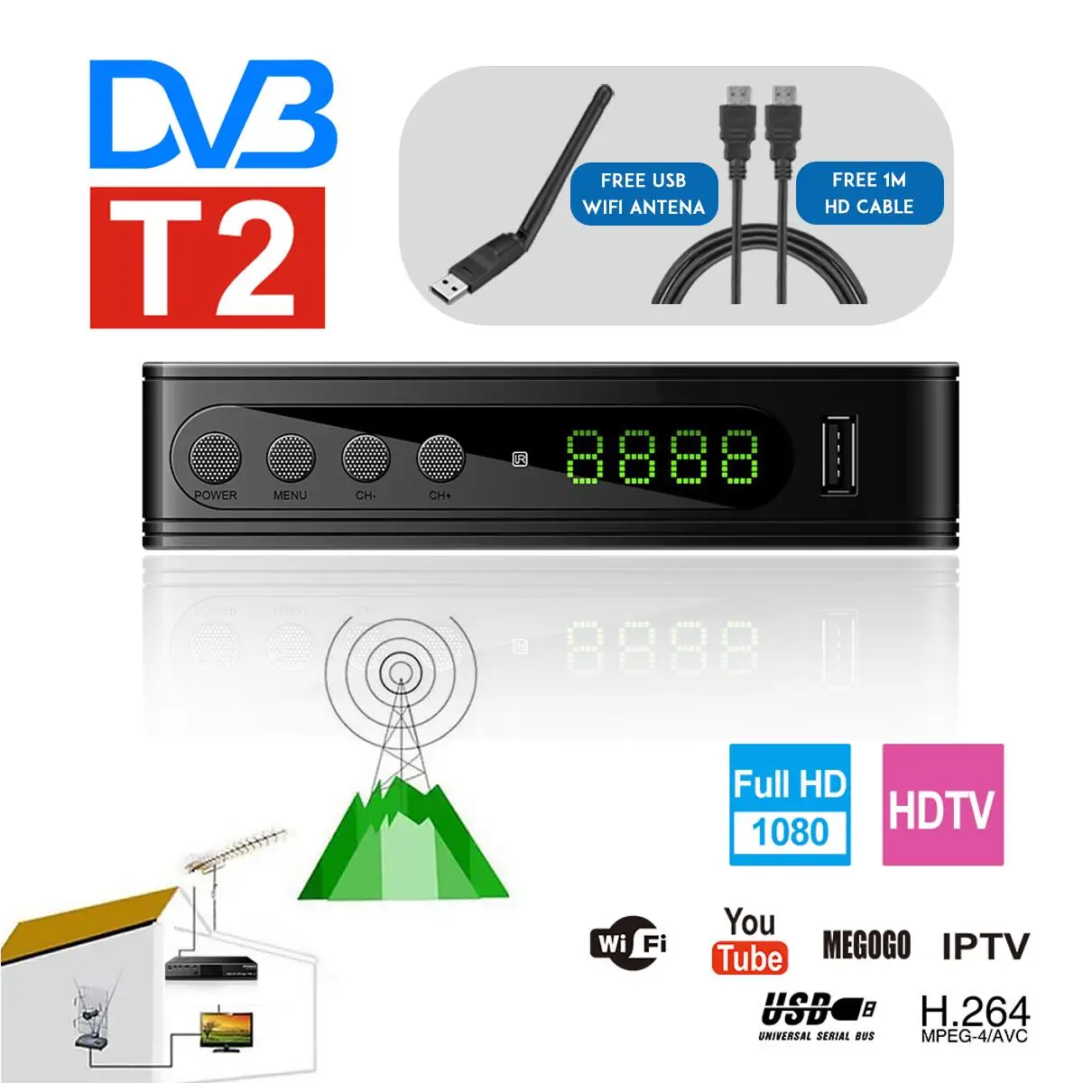 Приставка DVB-T2 ТВ тюнер DVB T2 dvb-t тюнер DVB T2 Vga цифровая ТВ коробка H.264 HD Wifi приемник поддержка AC3 PVR EPG Dual CVBS