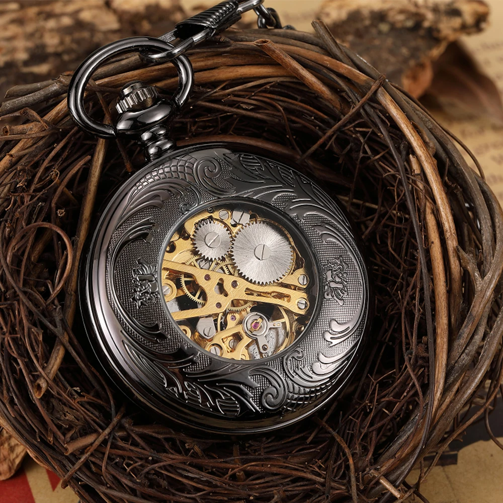 High Quality Fashion Mechanical Pocket Watch Men Hollow Steampunk Heart Love Clock Roman Dial Women Pendant Black reloj Fob Gift
