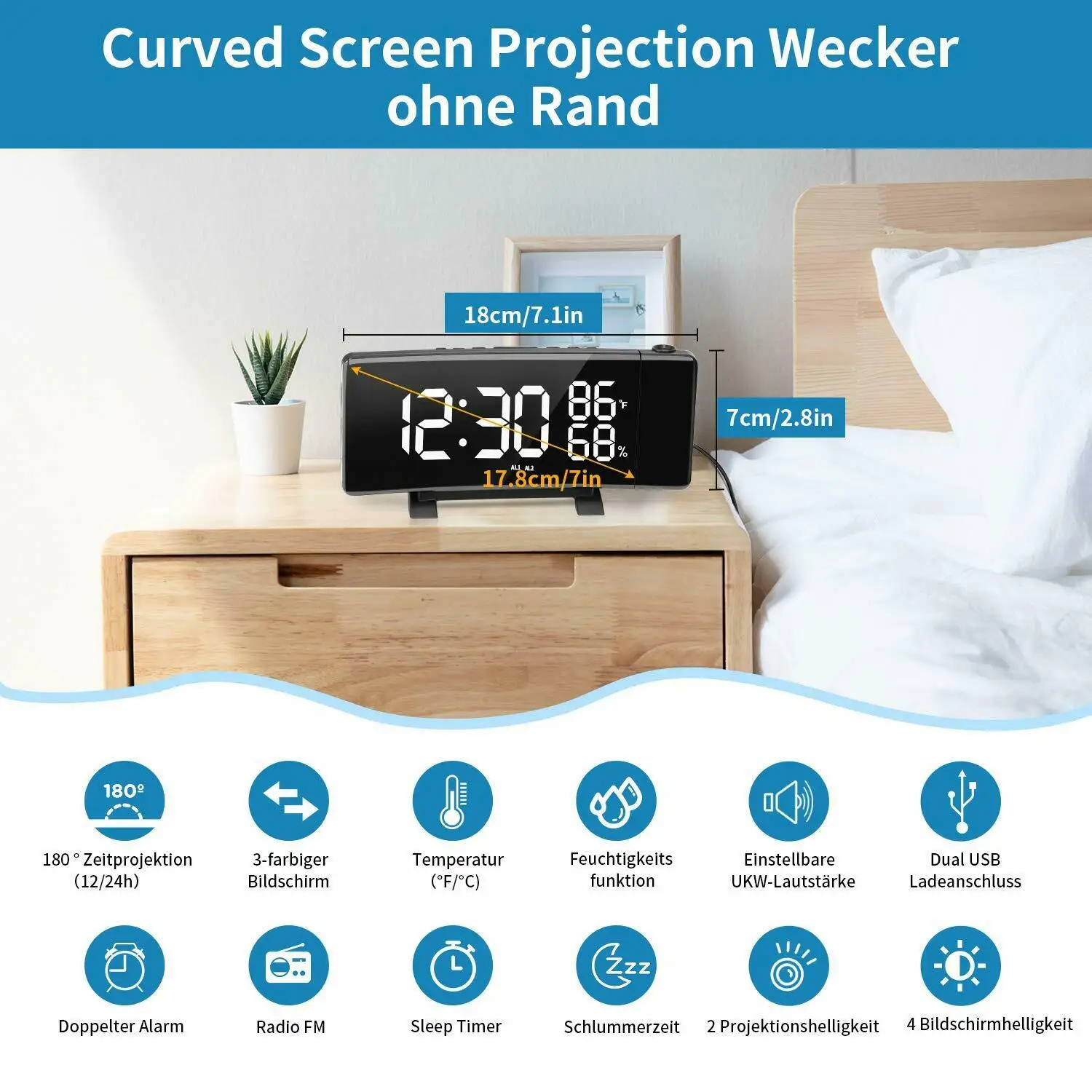 

3 Color LED Digital Alarm Clock Radio Projection With Temperature And Humidity Mirror Clock Multifunctional Bedside Time Display