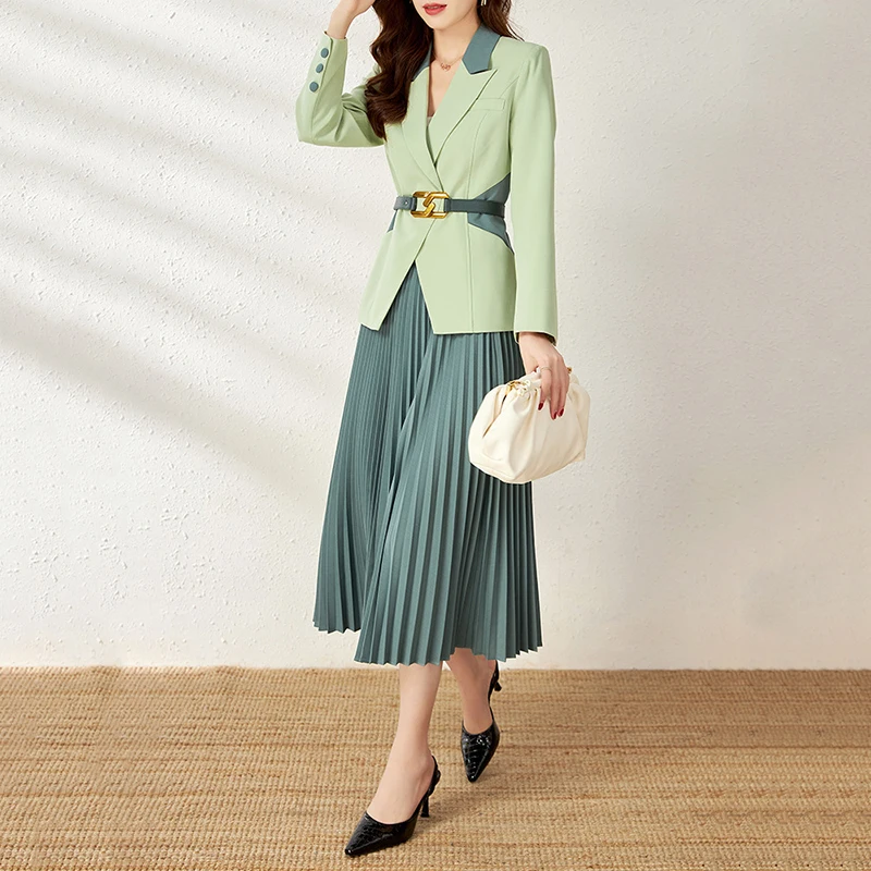 LANMREM Повседневный Блейзер Пальто с эластичной талией плиссированная юбка для