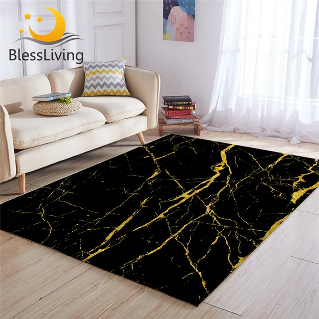 BlessLiving Marble Area Rug For Living Room Modern Gold Glitter Black Marble Stone Center Rug Trendy Bedroom Carpet Dropshipping 1