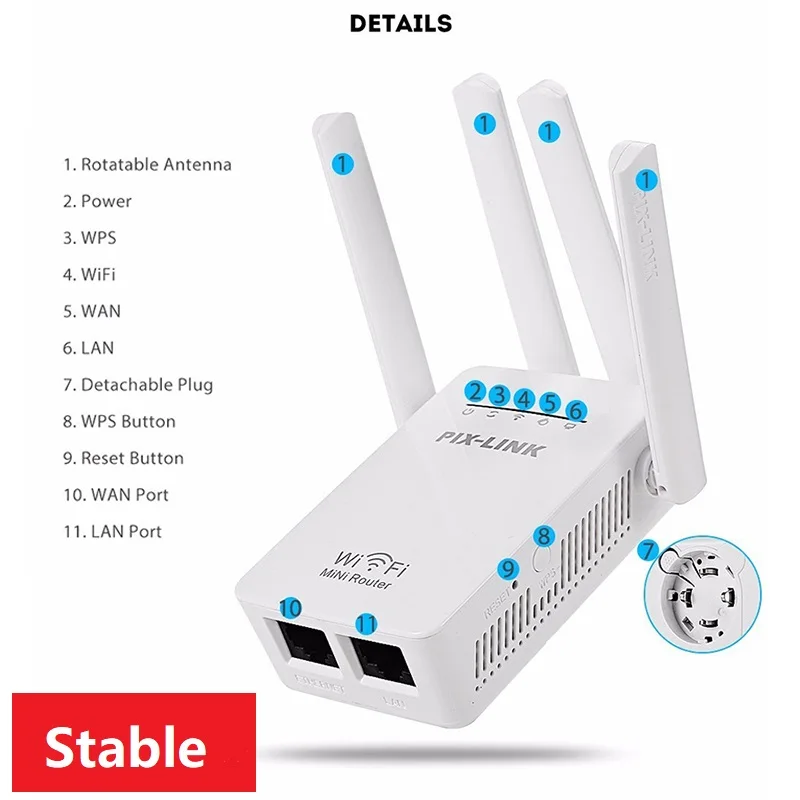 

Stable 2.4GHz WiFi Repeater 300Mbps Network Wireless Router High Gain Antenna 2 RJ45 Ports Signal Booster Long Distance Extender