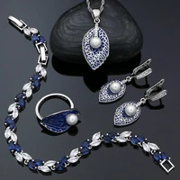 925 silver jewelry set for women blue enamel pearl cubic zirconia leaf ear pendant pendant necklace ring bracelet