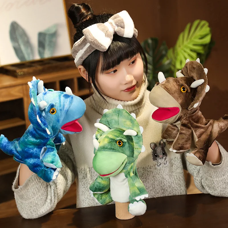 

25cm Lovely Plush Dinosaur Hand Puppet Toys Cute Stuffed Soft Animal Triceratops Dolls for Kids Boys Accompany Birthday Gifts