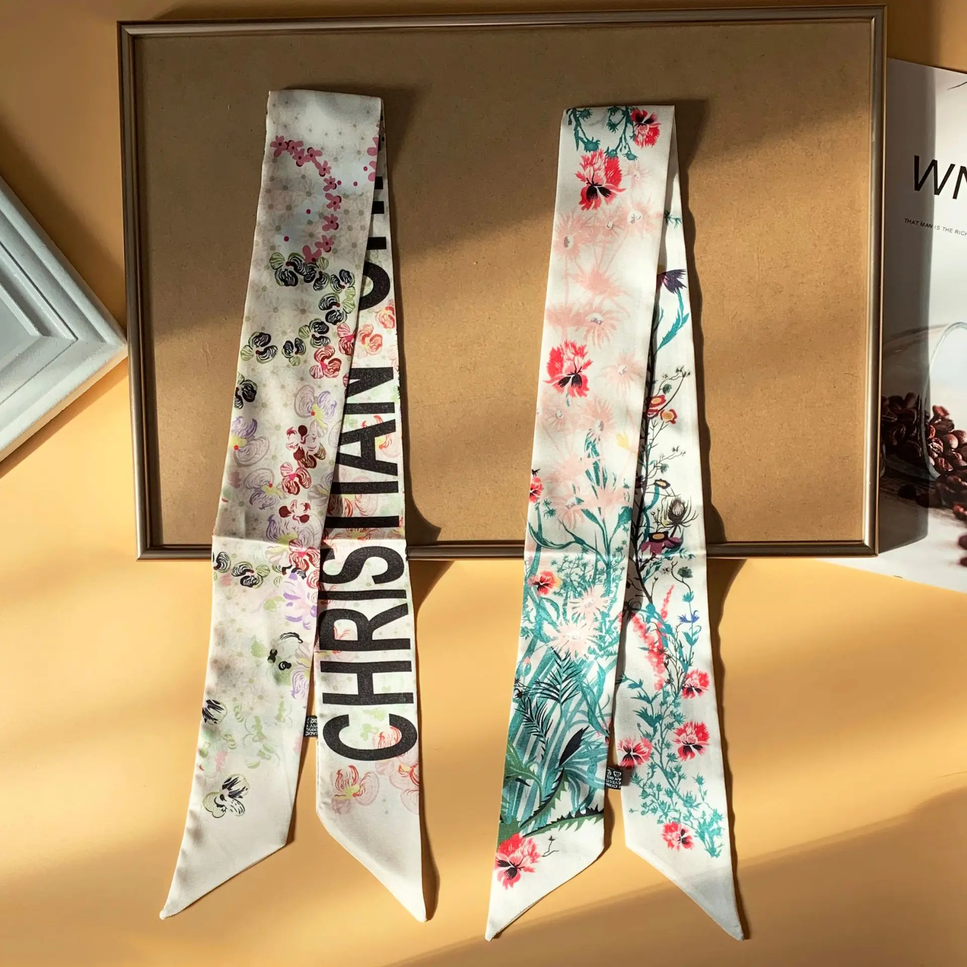 

2021 New Small Scarf Fashion Bag Square Scarf Women's Flower Pattern Neck Thin Necktie Bow Tie Long Silk Scarf Wrist Scarf