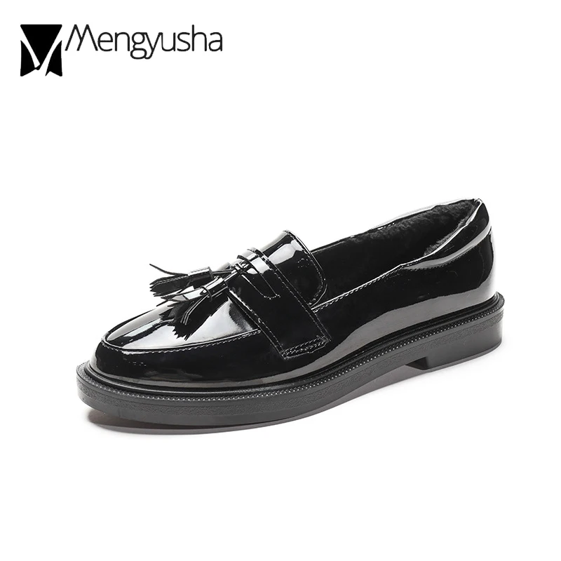 Женские плюшевые туфли оксфорды из кроличьего меха зимние кожаные на плоской