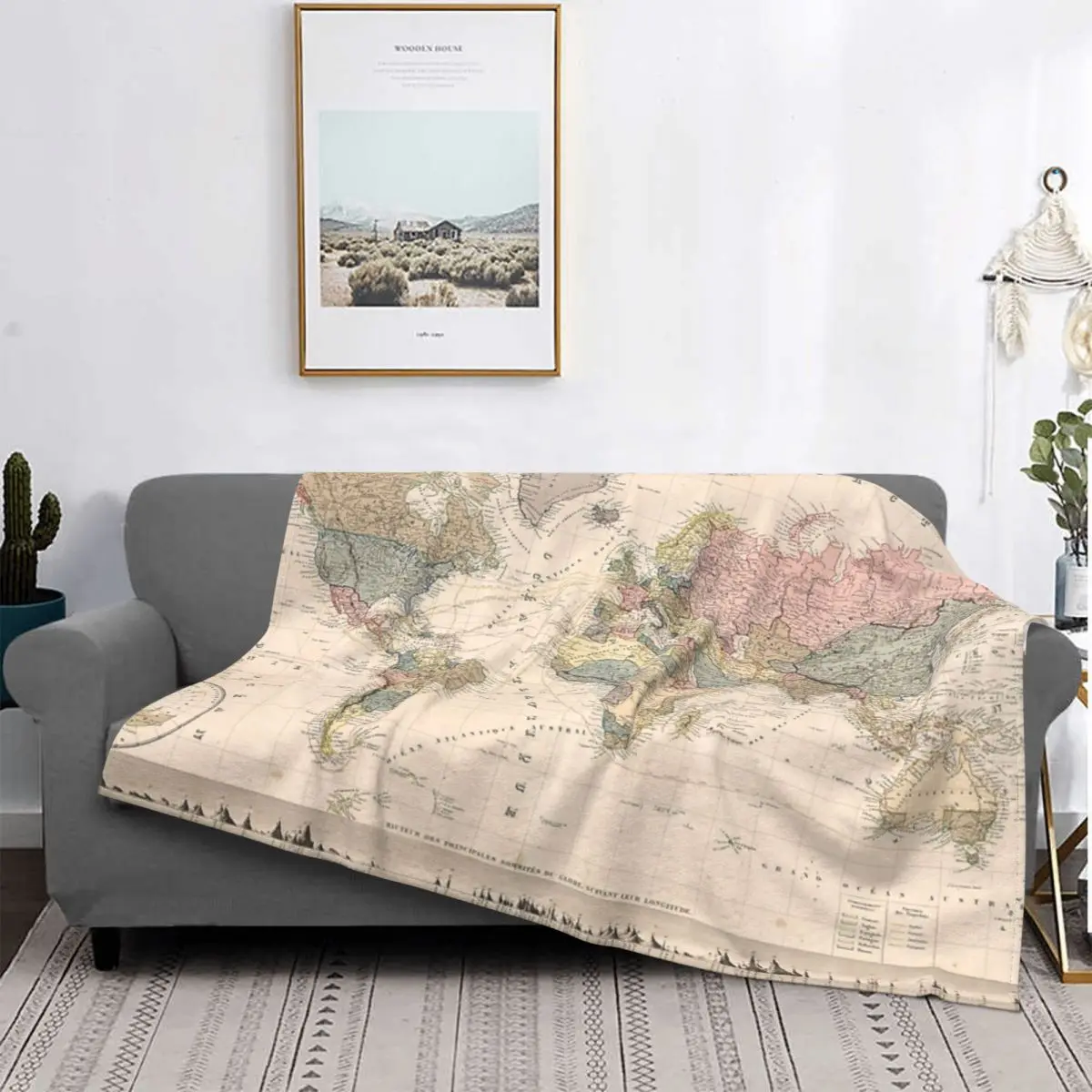 

Vintage Map Of The World 1852 Blanket Bedspread Bed Plaid Plaid Throw Blanket Fleece Blanket Picknick Blanket