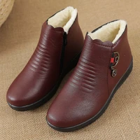 winter women plush ankle boots waterproof non slips flat snow booties brown warm side zipper mother casual fur pu leather shoes