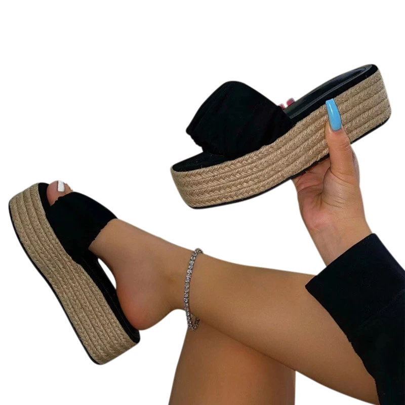 

Women's Summer Thick Bottom Slippers Women Pleated Fashion Shoes Female PU Leather Platform Slides Ladies Rope Compilation Shoe