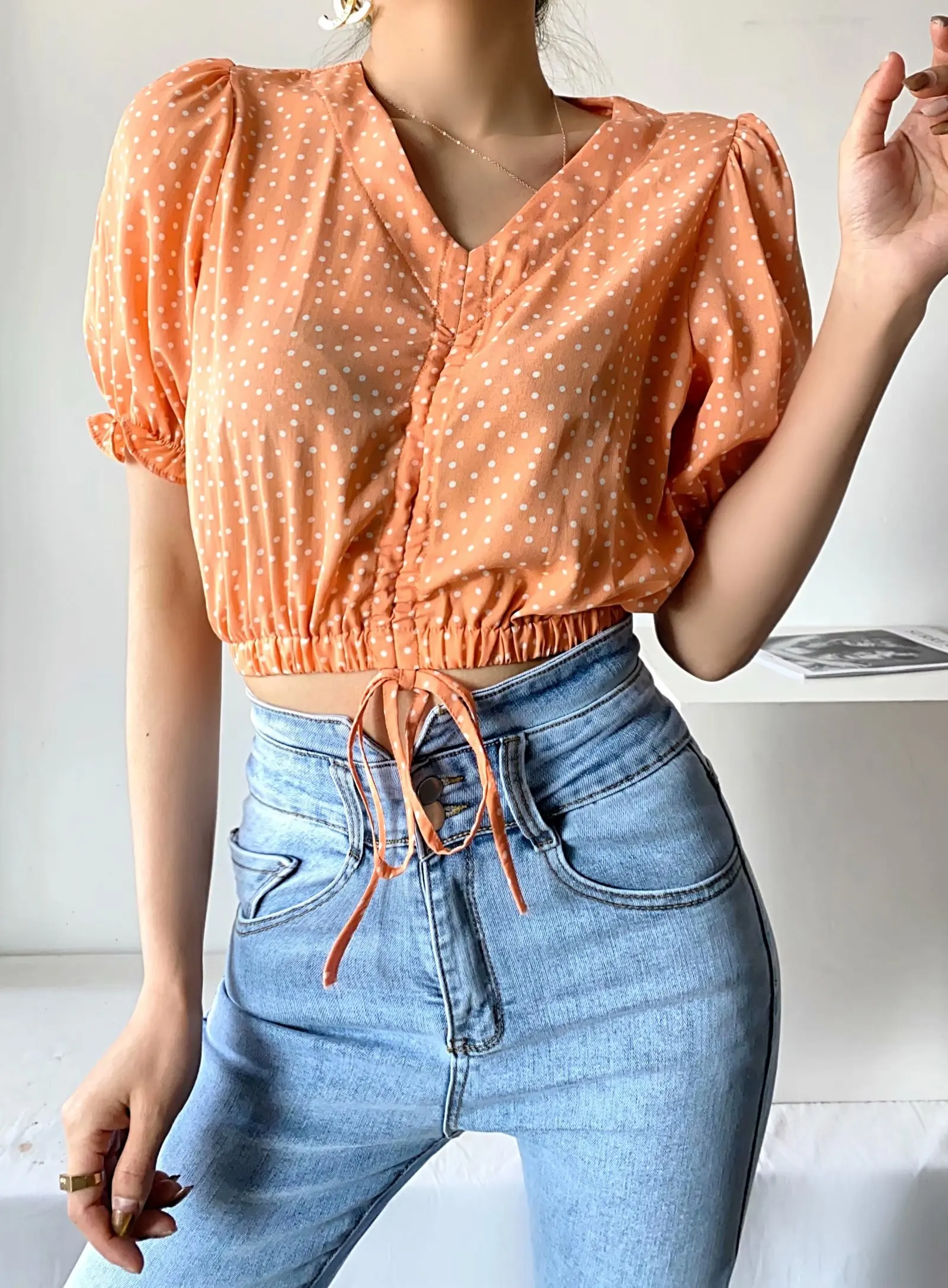 

Summer new all-match puff sleeve V-neck short-sleeved drawstring chiffon shirt female purple polka-dot T-shirt