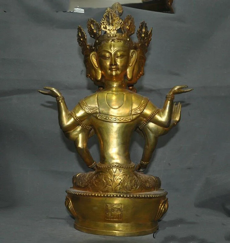 

wedding decoration Marked Old Tibet Buddhism Bronze Gilt 4 Head 8 Arm Tara Guanyin Buddha Statue