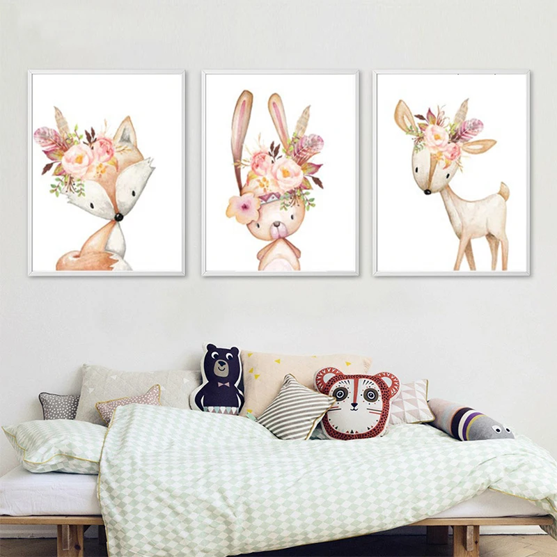 Baby Girl Gift Nursery Decoration Woodland Animals Posters Print Watercolor Flowers Animal Canvas Painting Wall Pictures | Дом и сад