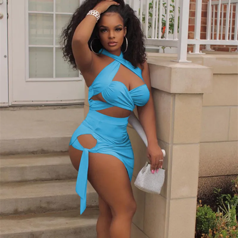 SKMY Sexy Summer Clothes Party Clubwear Fashion Solid 7 Colors Hater Crop Top Bandage Dress 2021 Two Piece Set Women Skirt