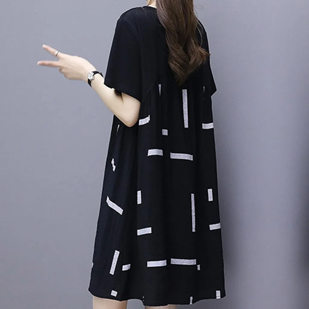 Женское свободное платье до колена Boho повседневное с коротким рукавом модель # w