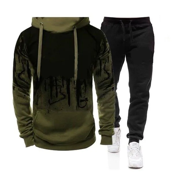 

2 Pieces Tracksuit Men Autumn Splash Ink Hooded Sweatshirt+Pants Drawstring Hoodie Men Sportwear Suit Casual Fashion Male Set
