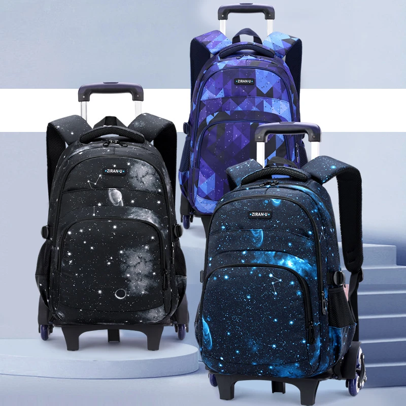 Children Starry Sky print Schoolbags for Boys Trolley Backpack Wheeled Kids Detachable Orthopedic Schoolbag Student Rolling Bags