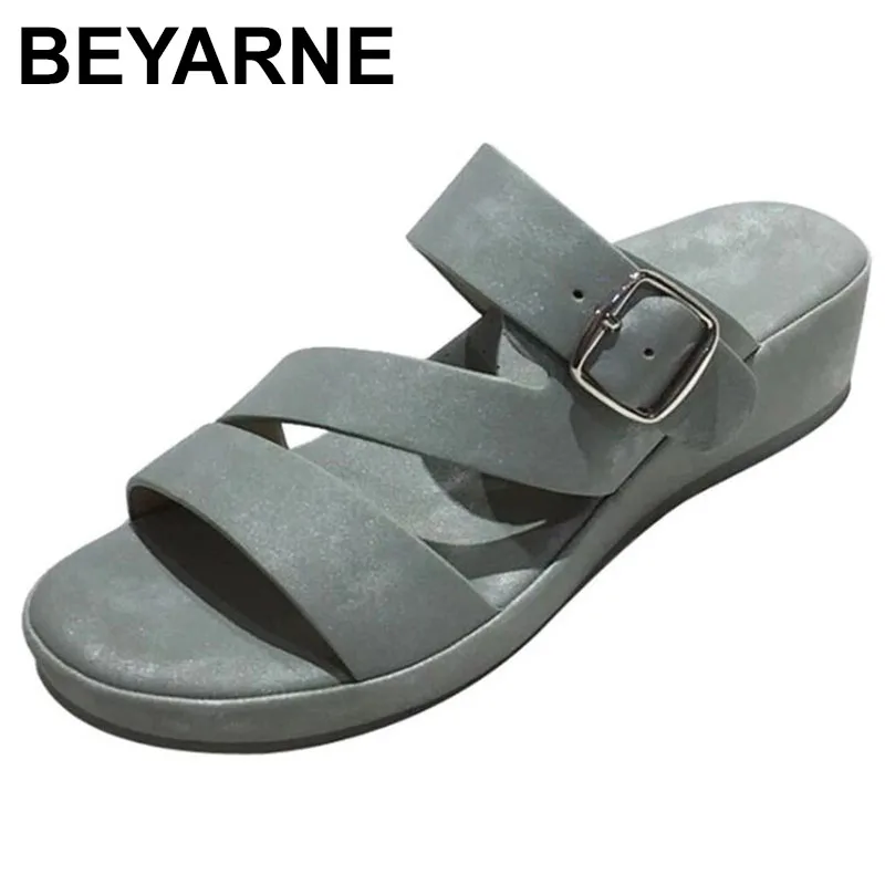 

BEYARNE женские шлепанцы; Летняя обувь для женщин; Женские пляжные сланцы на плоской подошве; Сандалии на танкетке; С пряжкой; Простая женская о...