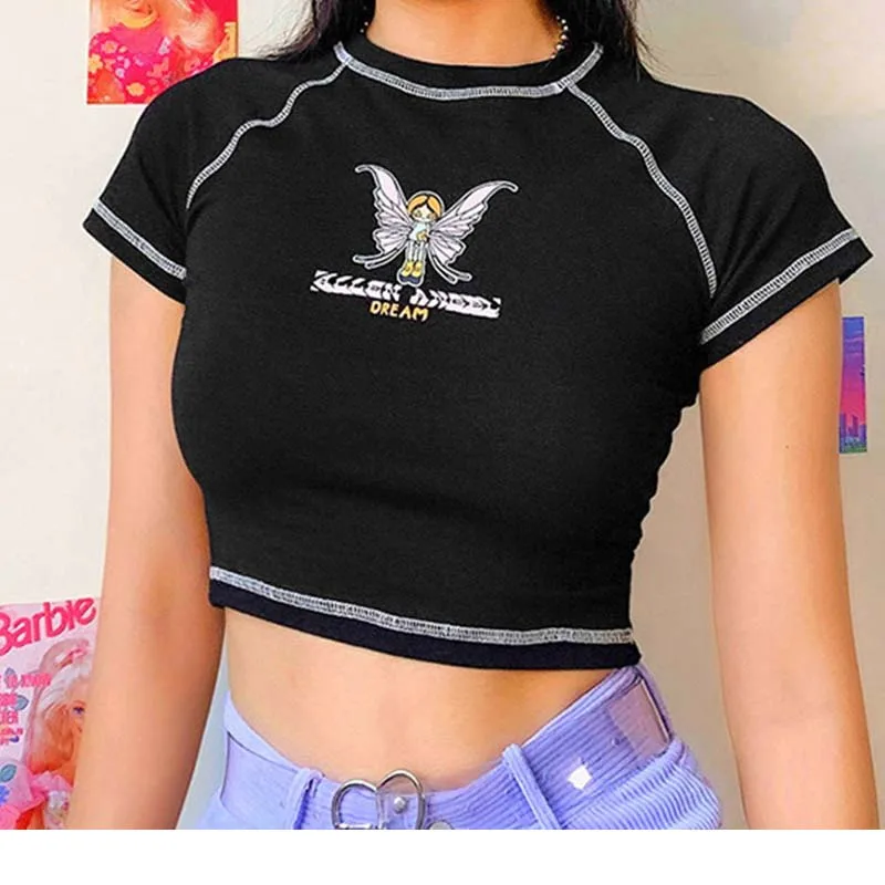 

European and American fashion 2022 butterfly graphics and letter printing stitch green crop top Y2K summer Grunge style O-neck s