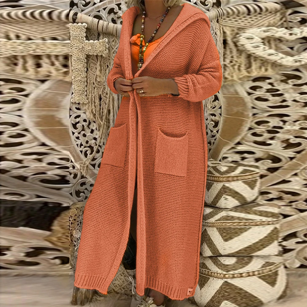 Женский длинный вязаный кардиган свитер с двойными карманами и капюшоном