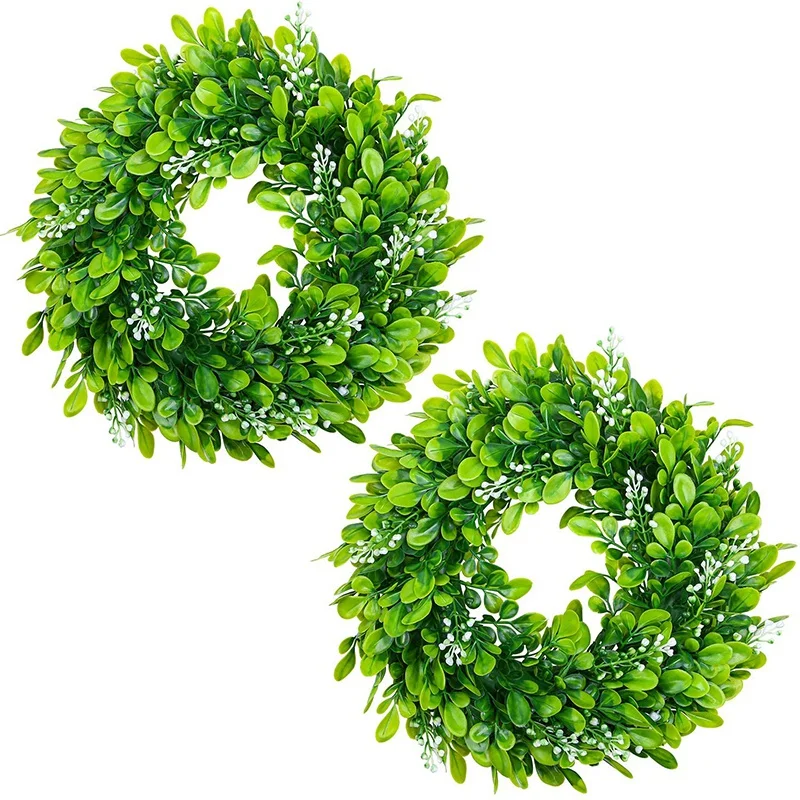 2 Pack de boj Artificial guirnalda de verde Artificial hojas corona puerta colgante guirnalda decoración de 10 pulgadas