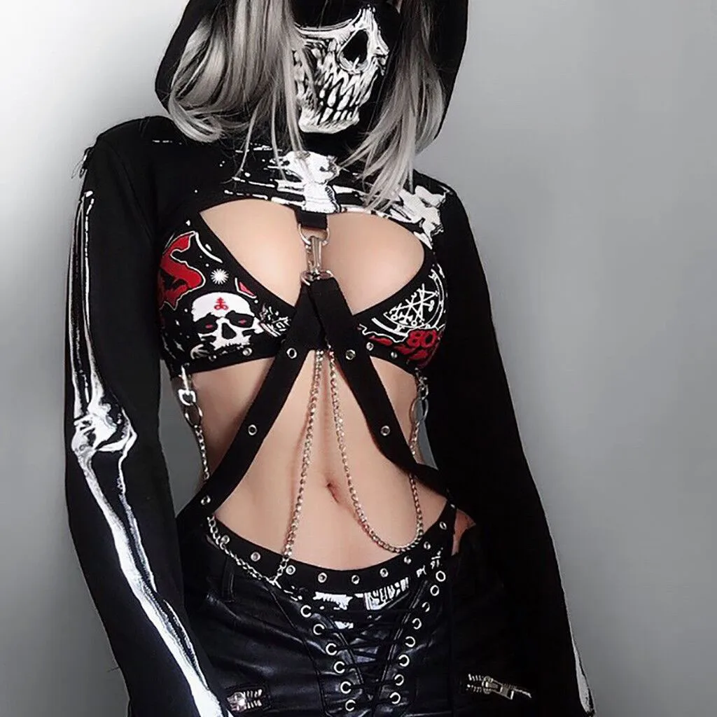 Women Punk Hoodie Black Print Long Sleeve Fashion Halloween Top Sweatshirt Streetwear Women Oversized Hoodies Moletom Feminino